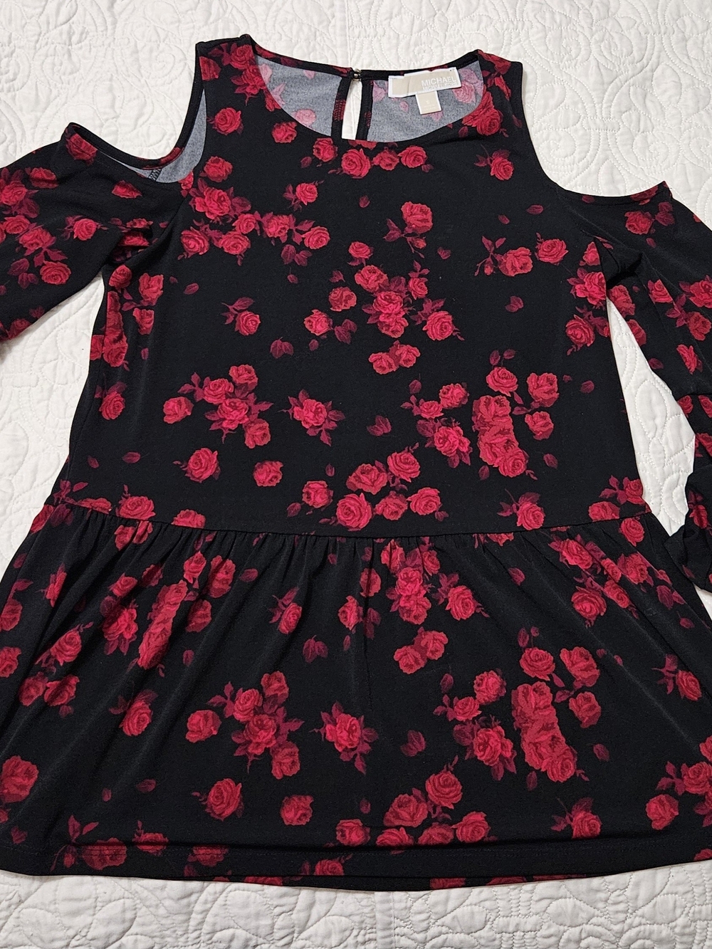 Michael Kors Black Cold-Shoulder Dress with Red Rose Print